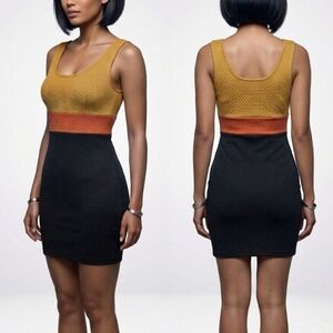 Filaments Textured Color Block Sleeveless Shift Dress- Mustard, Orange, Black M